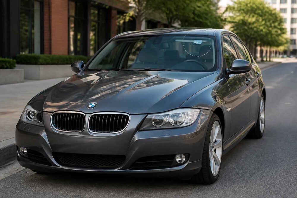 Grafitowe BMW serii 3 zaparkowane przed nowoczesnym budynkiem przy ulicy