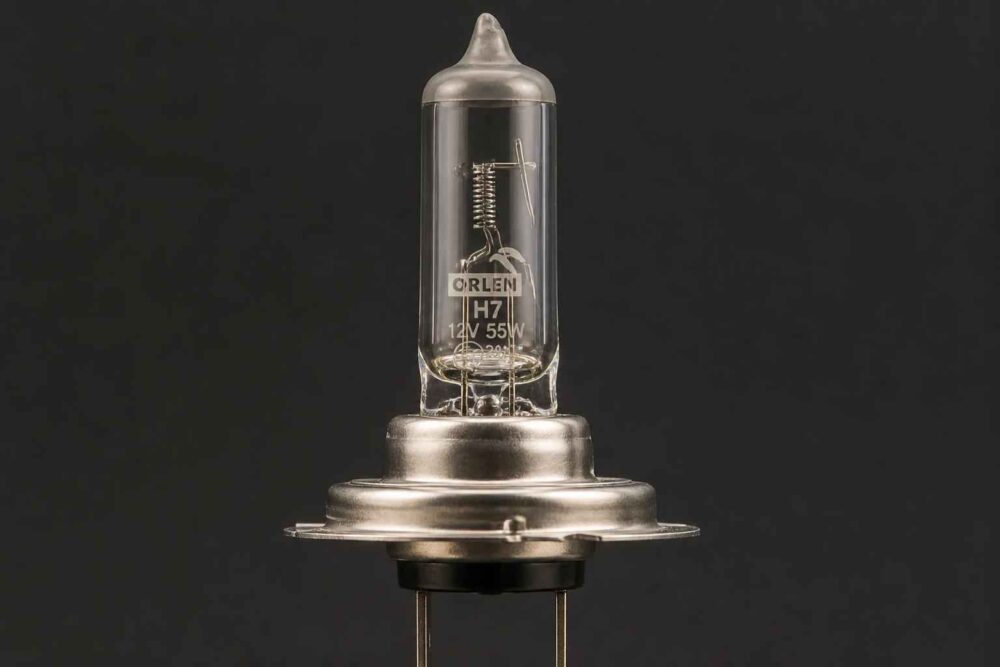 Halogenowa żarówka H7 12V 55W na ciemnym tle z metalowym mocowaniem