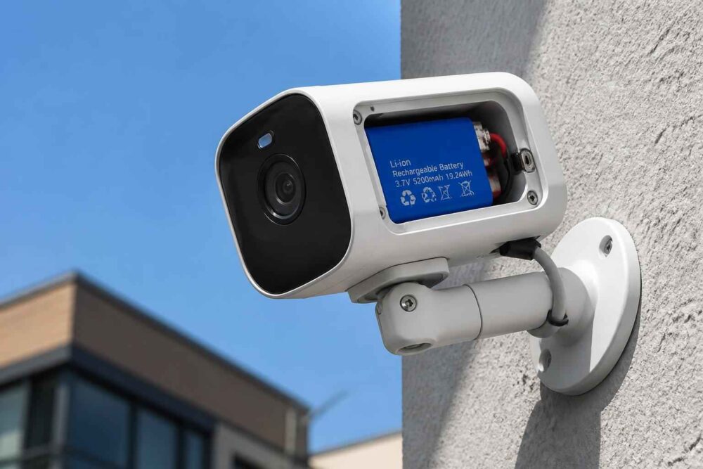 Zewnętrzna kamera monitoringu zamontowana na ścianie budynku przy błękitnym niebie