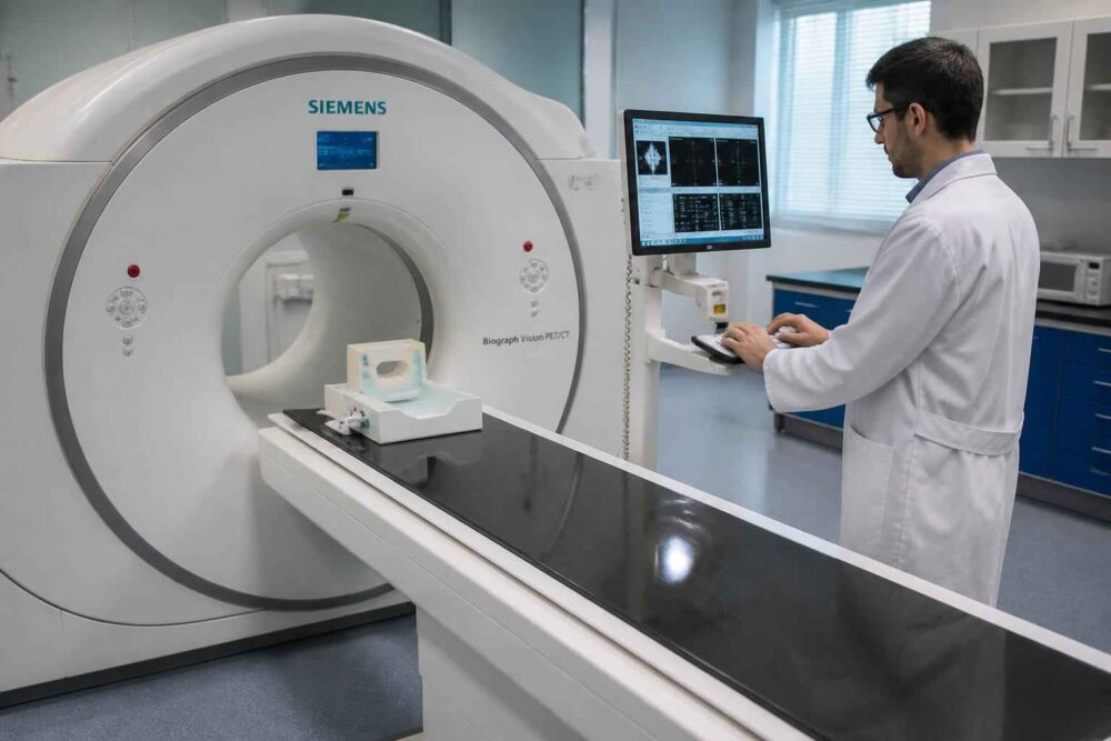 Lekarz w białym fartuchu obsługuje tomograf komputerowy Siemens w pracowni diagnostycznej