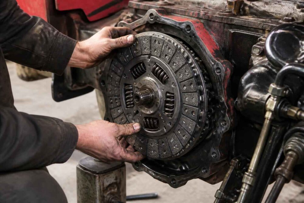 Mechanik dopasowuje tarczę sprzęgła do otwartej obudowy silnika ciągnika rolniczego