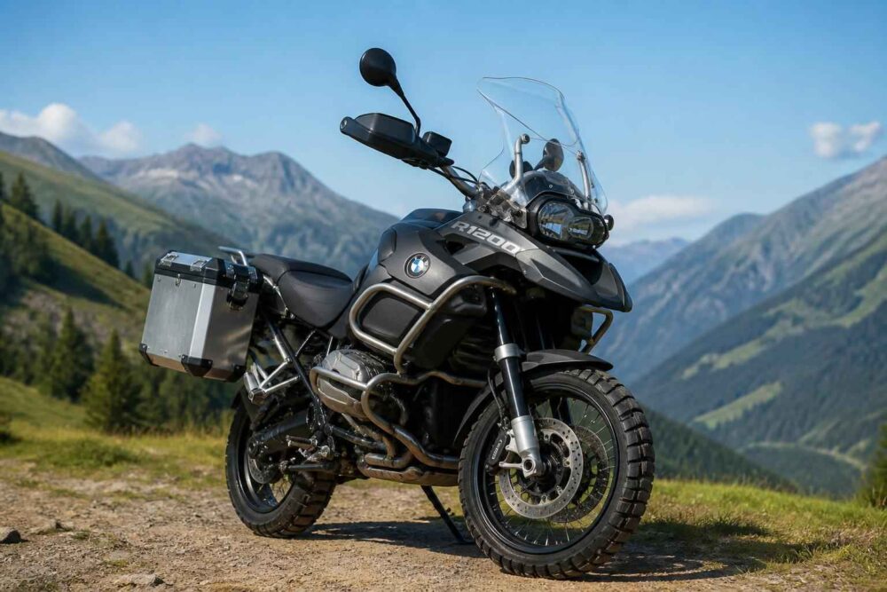 Motocykl BMW R1250 GS z kufrem stoi na górskiej drodze wśród alpejskich szczytów