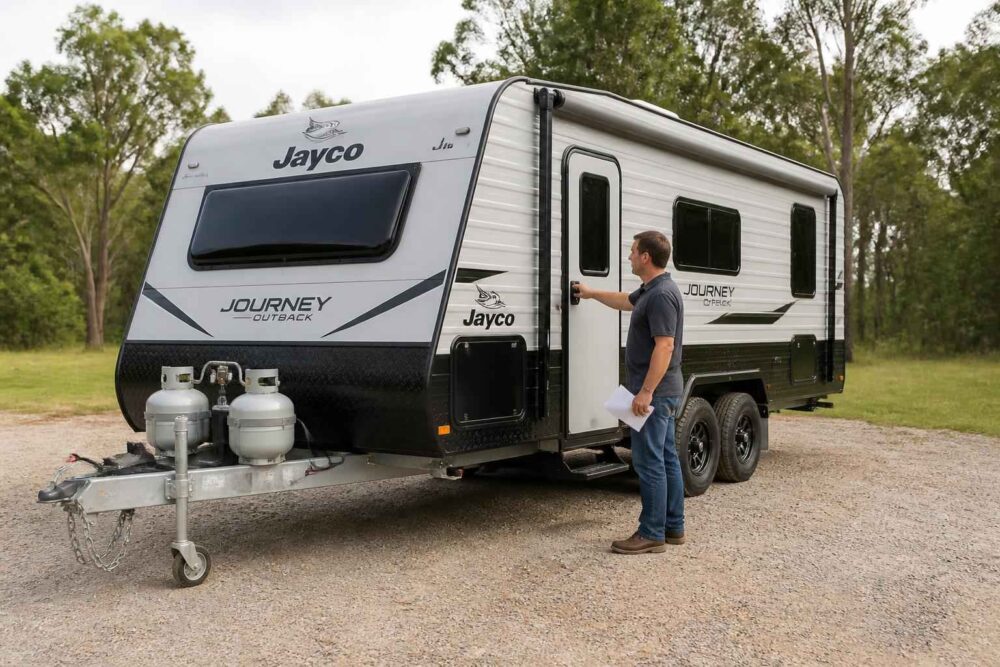 Mężczyzna stojący obok przyczepy kempingowej Jayco Journey na leśnym kempingu