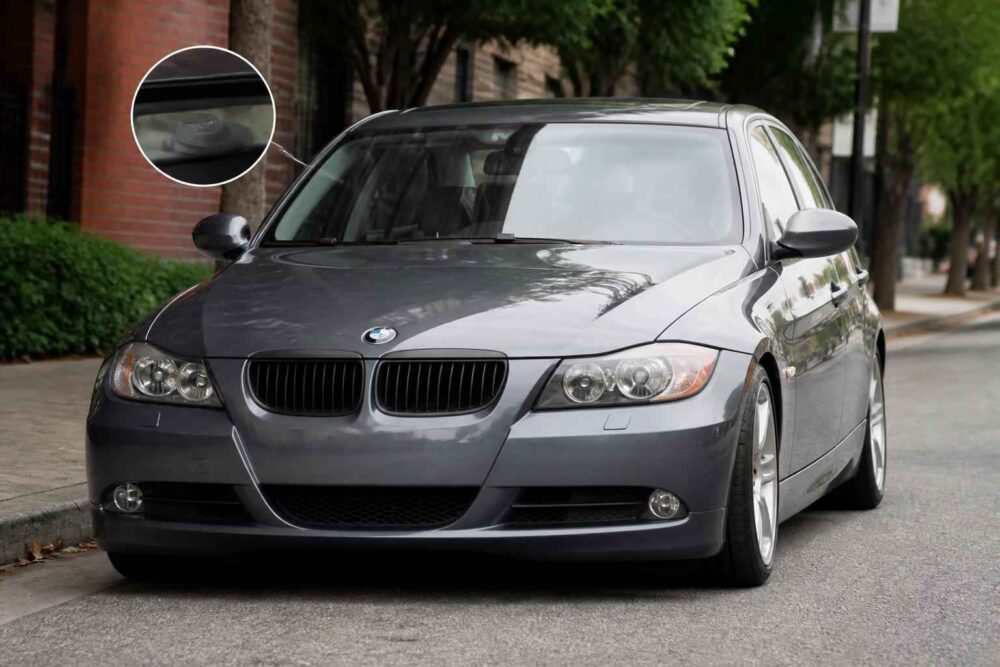 Srebrne BMW zaparkowane przy krawężniku w miejskiej ulicy#+#+#+#+