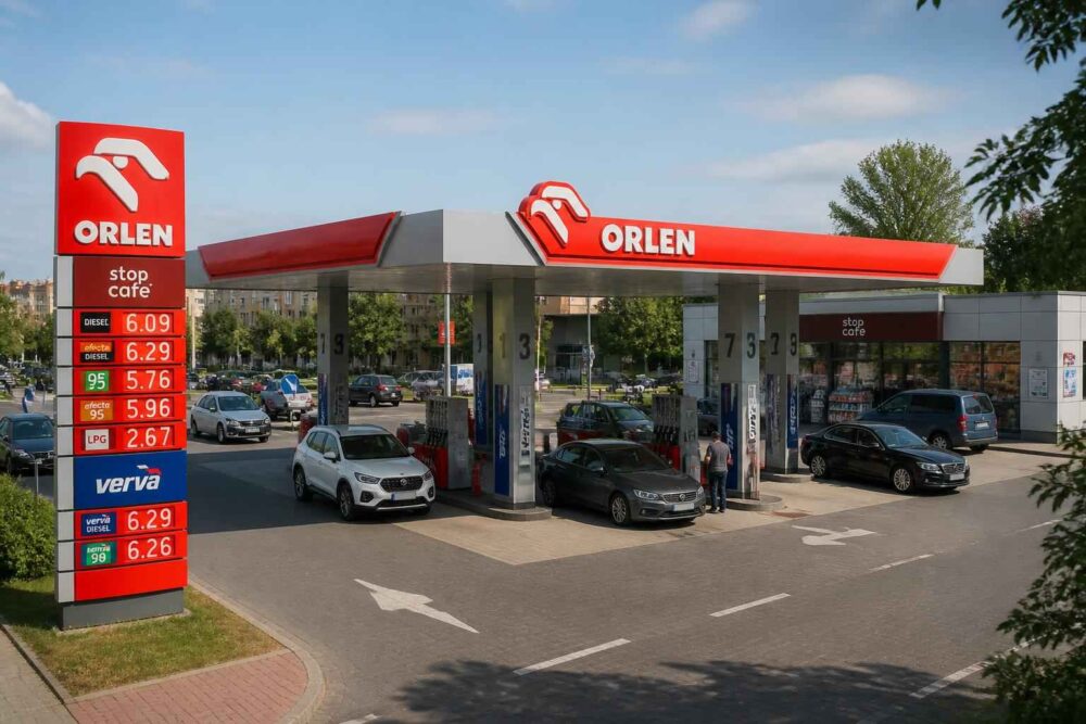 Stacja paliw ORLEN z samochodami przy dystrybutorach i tablicą cenową ropy oraz benzyny