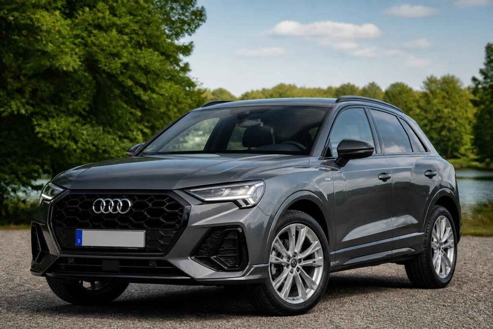 Szare Audi Q8 stojące na żwirowej drodze wśród drzew nad jeziorem