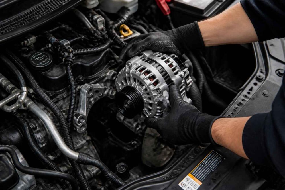 Mechanik w rękawiczkach montuje alternator w komorze silnika samochodu